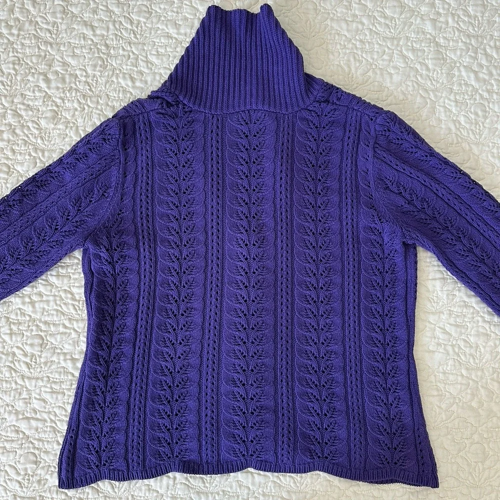 J Jill Knit Sweater Cardigan Medium Cable‎ Pointelle Purple Cotton Blend Chunky - Picture 3 of 12